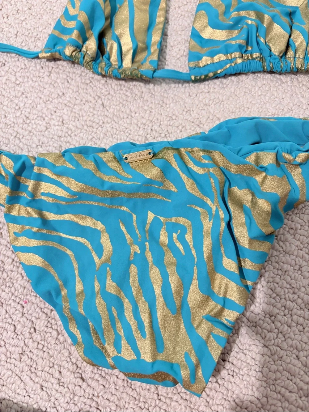 Beach Bunny Turquoise Gold Zebra Bikini Set Chain Flaw